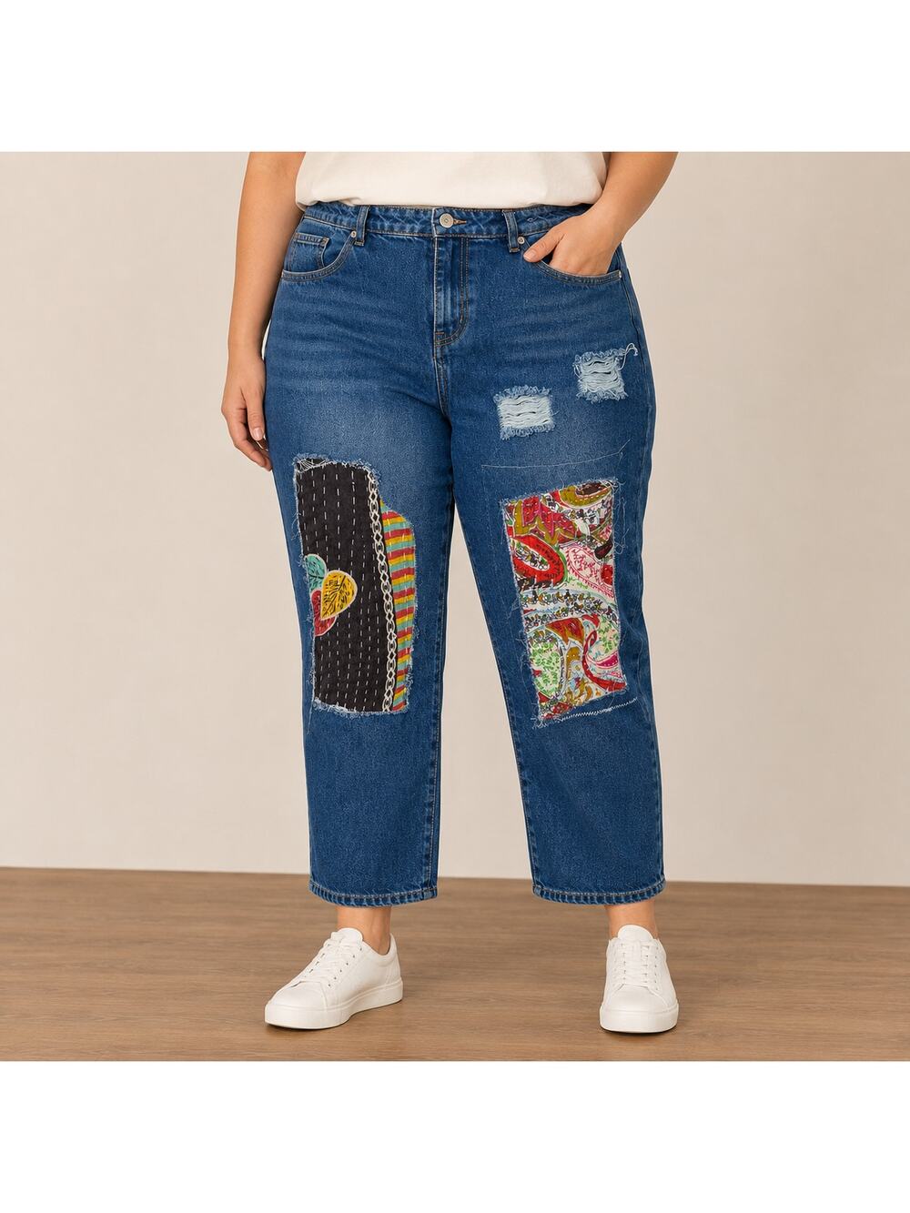 POL Patchwork Distressed Straight Leg Jeans Boho Artisan Denim Size L